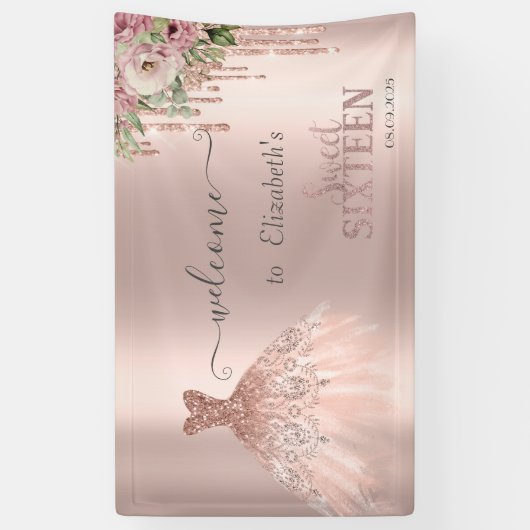 Banderoles Rose Parties scintillant or, Fleurs de robe doux 1 (Vertical)