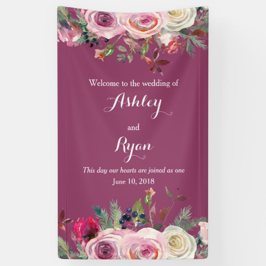 Banderoles Rose rose violet Mariage Floral Bienvenue (Vertical)