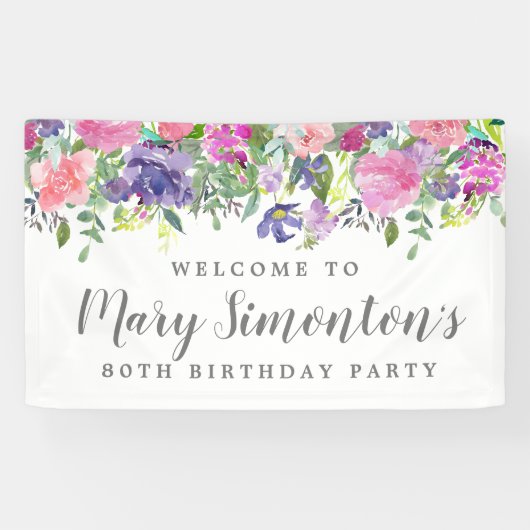 Banderoles Rose violet fleuri 80e anniversaire fête Bienvenue (Horizontal)