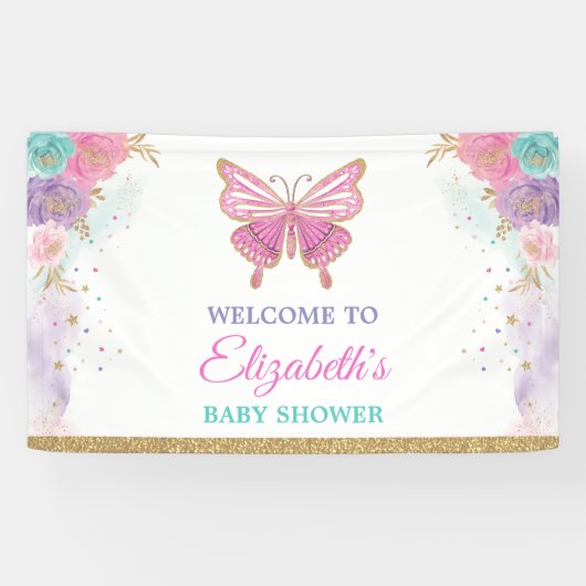 Banderoles Rose violet Turquoise papillon Filles Anniversaire (Horizontal)
