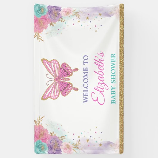 Banderoles Rose violet Turquoise papillon Filles Anniversaire (Vertical)