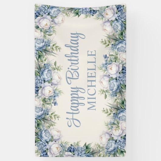 Banderoles Roses Bleues Dusty Blancs Joyeux Script d'annivers (Vertical)