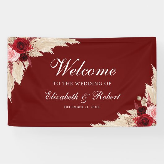 Banderoles Roses de Bourgogne et Mariage de bienvenue Pampas  (Horizontal)