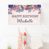 Banderoles Roses Rose Bleu Floral Botanical Joyeux Anniversai (En situation)