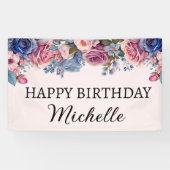 Banderoles Roses Rose Bleu Floral Botanical Joyeux Anniversai (Horizontal)