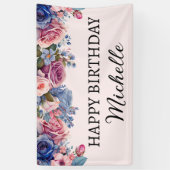 Banderoles Roses Rose Bleu Floral Botanical Joyeux Anniversai (Vertical)