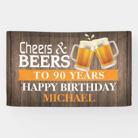Banderoles Rustic Cheers and Beers Happy 90th Birthday Orange (Horizontal)