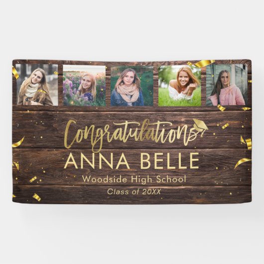 Banderoles Rustic Modern Gold Script Photo Collage Graduation (Horizontal)