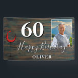 Banderoles Rustic Red Wine Photo 60th Birthday Party Banner<br><div class="desc">Bois rustique Verre Rouge Vin Photo 60e Anniversaire Bandeau de fête. Grand signe pour la fête du 60ème anniversaire avec une photo personnalisée, texte dans un script tendance avec un nom. L'arrière - plan est en bois foncé et le texte est en blanc. Personnalisez la bannière avec votre photo, votre...</div>