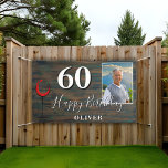 Banderoles Rustic Red Wine Photo 60th Birthday Party Banner<br><div class="desc">Bois rustique Verre Rouge Vin Photo 60e Anniversaire Bandeau de fête. Grand signe pour la fête du 60ème anniversaire avec une photo personnalisée, texte dans un script tendance avec un nom. L'arrière - plan est en bois foncé et le texte est en blanc. Personnalisez la bannière avec votre photo, votre...</div>