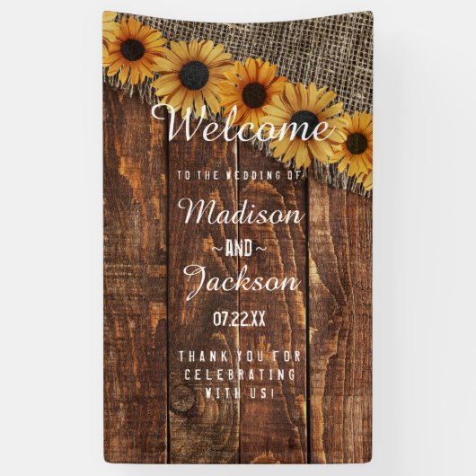 Banderoles Rustic Wood & Burlap Sunflower Mariage Bienvenue (Vertical)