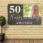 Banderoles Rustic Wood Photo 50th Birthday Party Banner<br><div class="desc">Rustic Wood Photo 50th Birthday Party Banner. Grand signe pour la fête du 50ème anniversaire avec une photo personnalisée, texte dans un script tendance avec un nom. L'arrière - plan est en bois foncé et le texte est en blanc. Personnalisez la bannière avec votre photo, votre nom et l'âge et...</div>