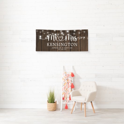 Banderoles Rustique M. Mme Heart Script Lights Mariage en boi (En situation)