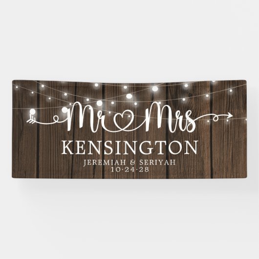 Banderoles Rustique M. Mme Heart Script Lights Mariage en boi (Horizontal)
