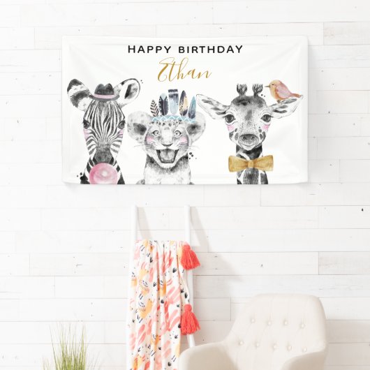 Banderoles Safari moderne noir & blanc main dessiné Safari An (En situation)