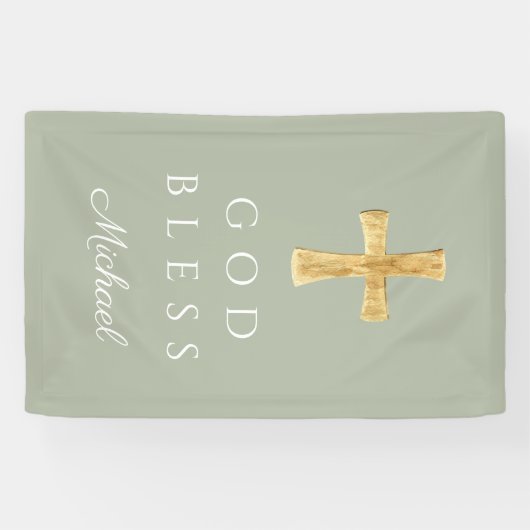 Banderoles Sage moderne Vert Croix religieuse Dieu béni (Horizontal)
