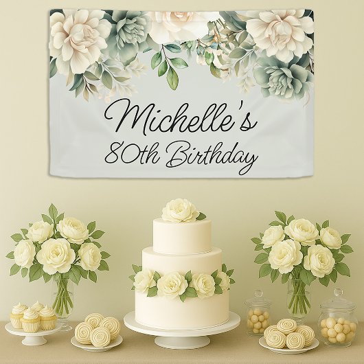 Banderoles Sauge blanche florale verte 80e anniversaire