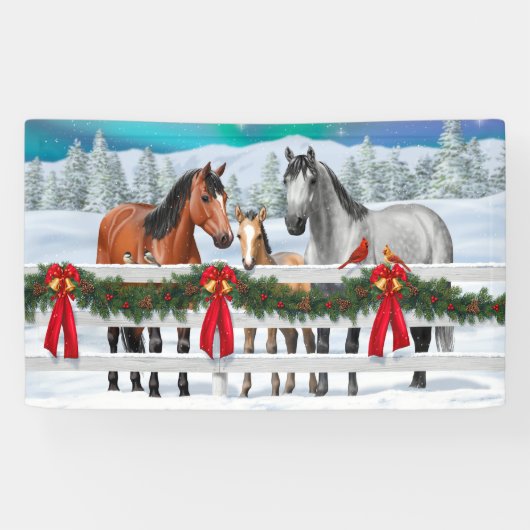 Banderoles Scène de Noël Baie Buckskin Dapple Chevaux gris (Horizontal)