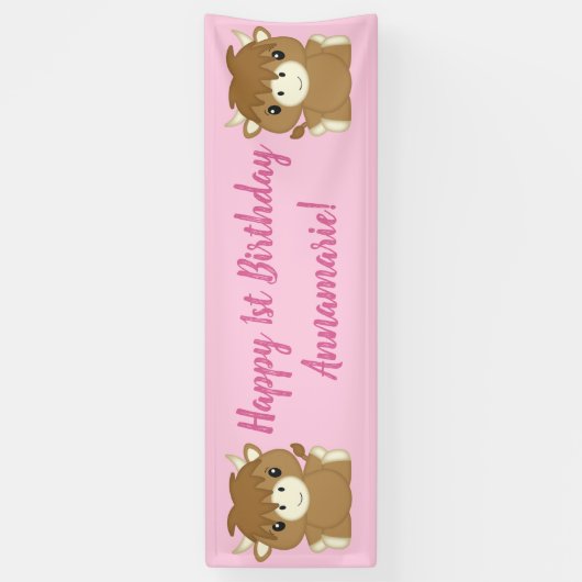 Banderoles Scottish Highland Cow fête d'anniversaire rose (Vertical)