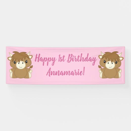 Banderoles Scottish Highland Cow fête d'anniversaire rose (Horizontal)