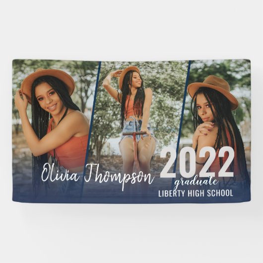 Banderoles Script moderne Photo Collage Marine Blue Graduatio (Horizontal)