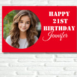 Banderoles Script photo personnalisé Red Happy 21st Birthday<br><div class="desc">Capturez le moment avec notre photo personnalisée Red Happy 21st Birthday Banner, un ajout époustouflant à vos décorations. Cette bannière rouge et blanche n'est pas seulement une décoration, c'est un chef-d'oeuvre personnalisé pour lui et elle. Avec son design minimaliste et son script de calligraphie, cette bannière apporte une touche d'élégance...</div>