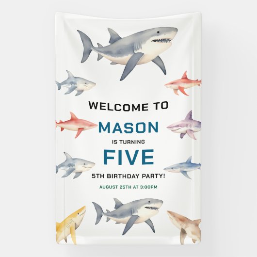 Banderoles Shark Splash 5th Birthday | Cute Ocean Kids (Verticale)
