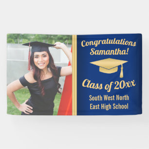 Banderoles Signe de graduation photo personnalisé bleu/or cl