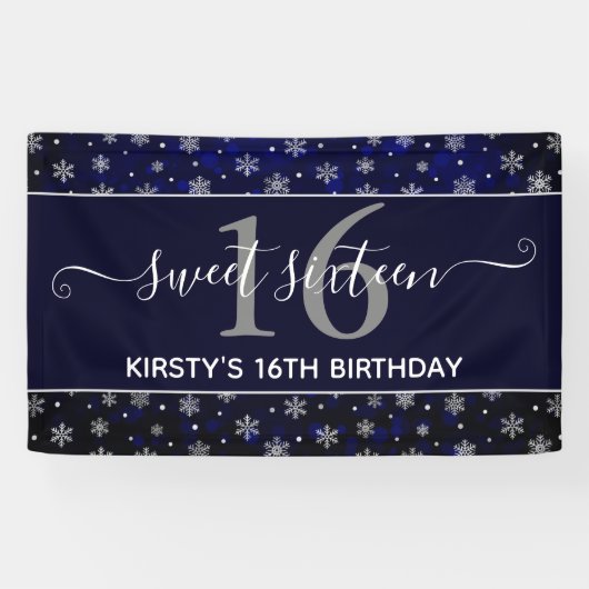 Banderoles Silver Foil Snowflakes & blue bokeh Sweet 16 (Horizontal)