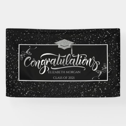 Banderoles SilverGlitter Graduate Casquette, Confetti Noir (Horizontal)