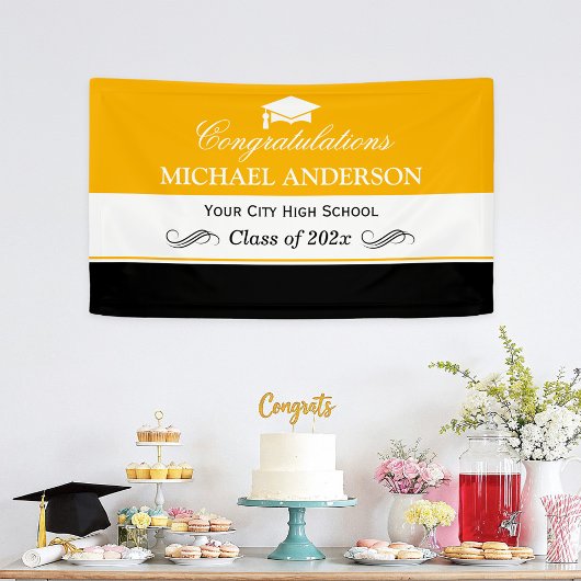 Banderoles Simple Jaune Noir Blanc Parti de Graduation