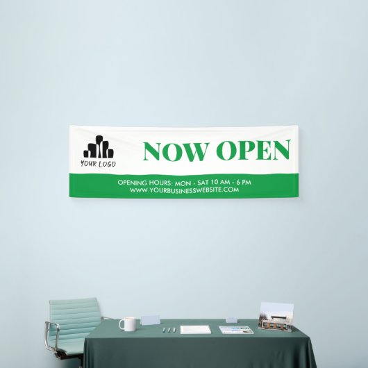 Banderoles Simple Vert Blanc Votre Logo Maintenant Ouvert (Salon professionnel)