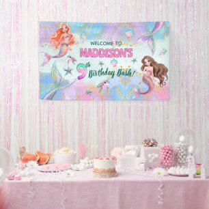 Banderoles Sirènes Paillettes Rose Violet Bienvenue 9ème Anni