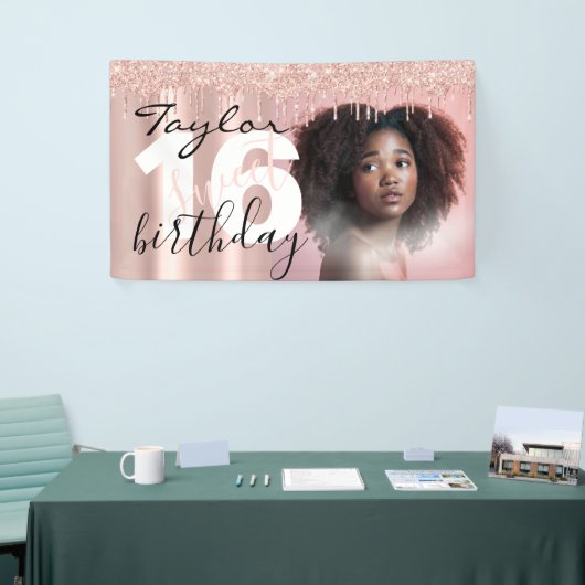 Banderoles Sleek Chic 16th Birthday Photo Script Rose Gold (Salon professionnel)