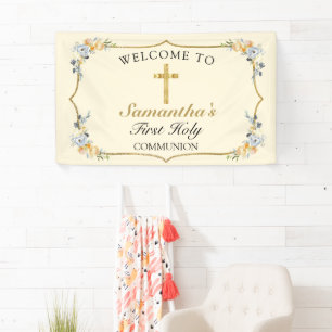 Banderoles Soft Yellow Gold Cross 1ère communion Bienvenue