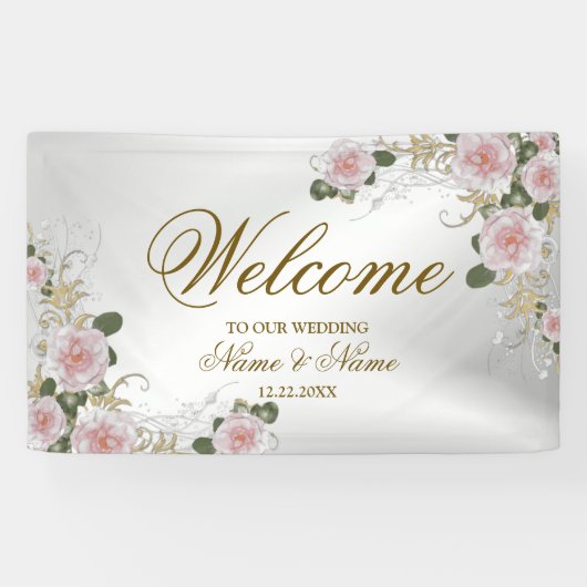 Banderoles Soirée de mariage rose Floral Argent élégant (Horizontal)