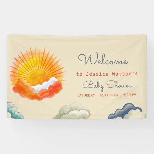 Banderoles Soleil et nuages Baby shower rétro gris jaune (Horizontal)