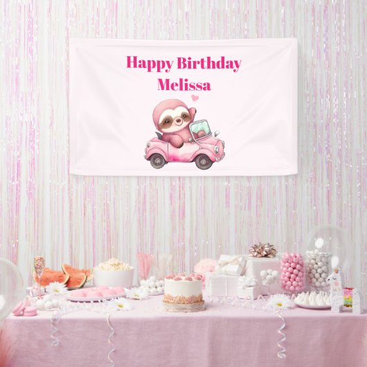 Banderoles Sourire rose Sloth dans un joyeux anniversaire con (Fête)