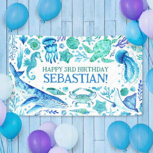 Banderoles Sous l'Océan marin Animaux Baleine Aquarelle Bleu
