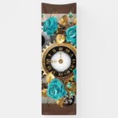 Banderoles Steampunk Clock and Turquoise Roses on Striped (Vertical)