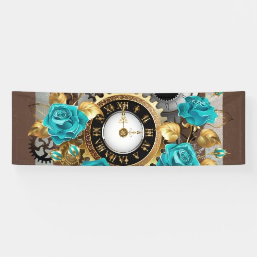 Banderoles Steampunk Clock and Turquoise Roses on Striped (Horizontal)