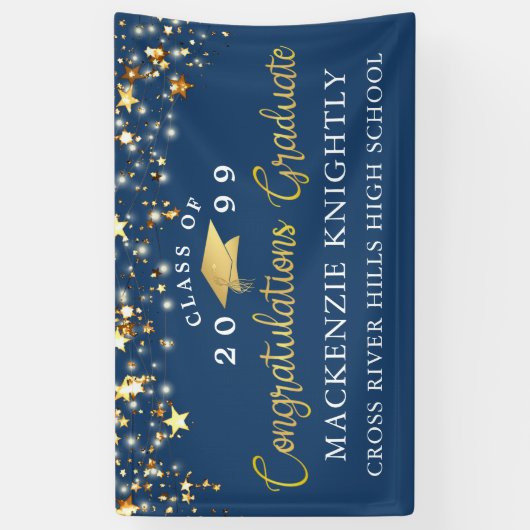 Banderoles Stylish Blue Gold Script Congrats Grad Stars (Vertical)