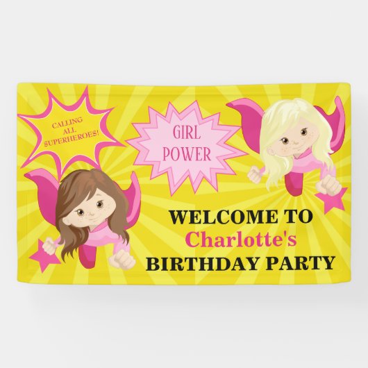 Banderoles Superhero rose mignonne Fille fête d'anniversaire (Horizontal)