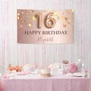 Banderoles Sweet 16 étoiles or rose rose bienvenue