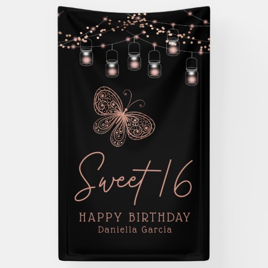 Banderoles Sweet 16 Rose Gold Butterfly Chic Moderne Annivers (Vertical)