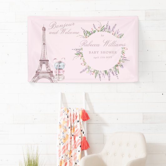 Banderoles Sweet Macaron Bonjour Bebe Paris Baby shower (En situation)
