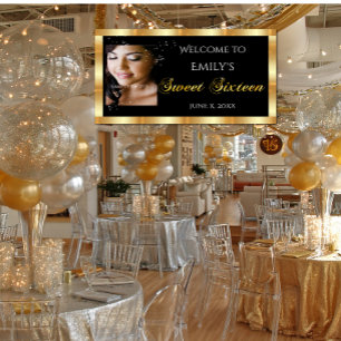 Banderoles Sweet Sixteen, Photo personnalisé, Paillettes doré