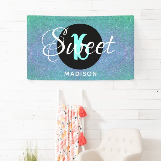 Banderoles Sweet sixteen Turquoise Aqua Parties scintillant p (En situation)