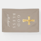 Banderoles Taupe moderne Croix religieuse Dieu béni (Horizontal)