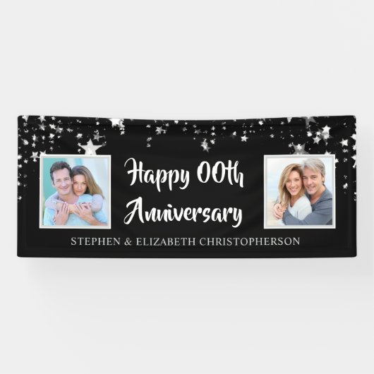 Banderoles Tout Anniversaire Noir & Argent Alors & Maintenant (Horizontal)